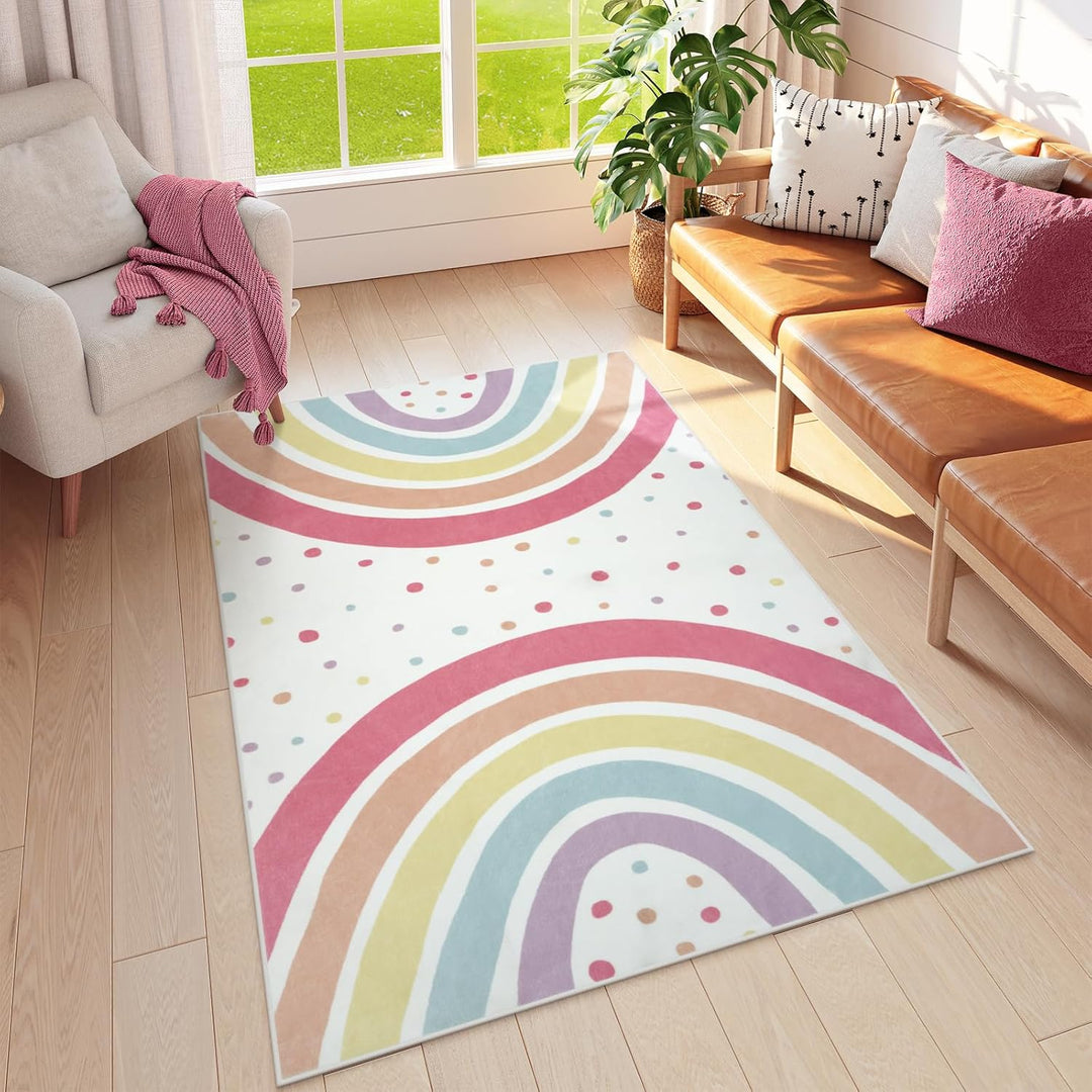 Washable Rainbow Rug For Girl Nursery, Small Rug 3X 5 Colorful Area Rugs For Kids Bedroom, Non-Slip Soft Polka Dot Carpet Kids Rugs For Classroom Playroom Tent Castle