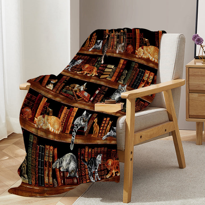 Vintage Kitten Flannel Blanket Cat In The Bookshelf Throw Blanket Librarian Book Lover Gifts Fleece Blankets For Bed Couch Sofa
