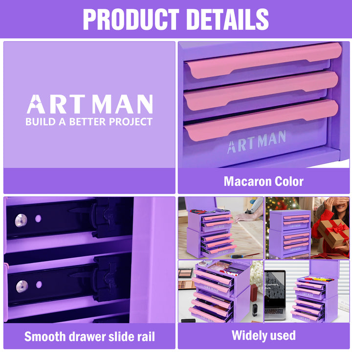Drawer-style Desktop Storage Box, Office Workstation Organizing Magic Tool, Desk Stationery Storage Rack, Cosmetic Storage Cabinet--Purple-pink Color