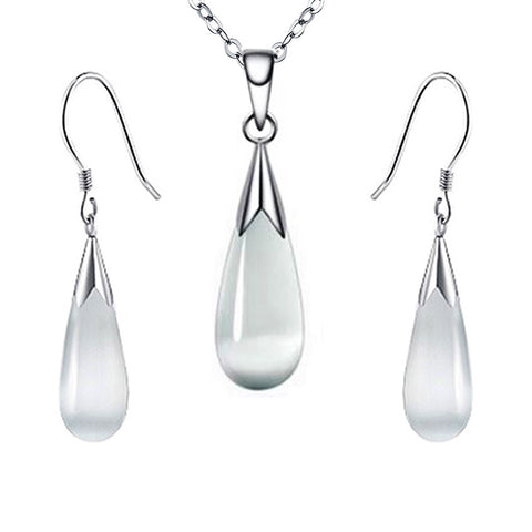 Emma Manor 14k White Gold Plated Water Drop Moonstone Women Jewelry Set --Pendant Necklace And Earrings