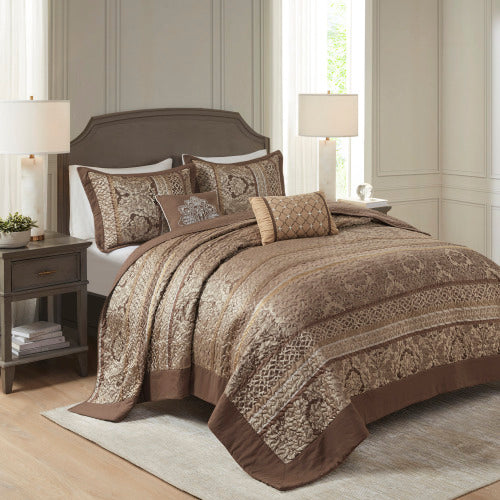 5 Piece Reversible Jacquard Bedspread Set Brown Gold King