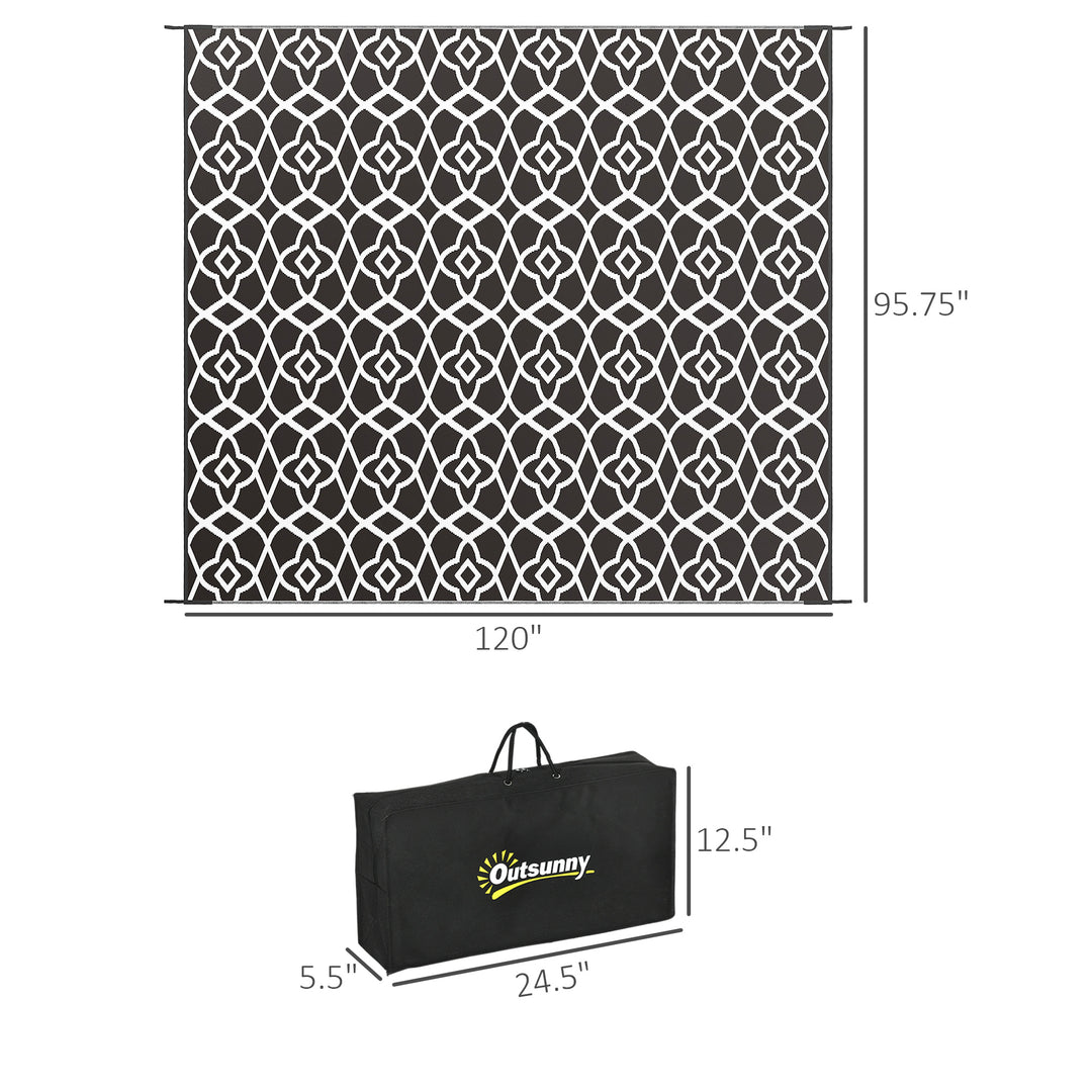 Reversible Outdoor Rug Carpet RV Camping Rugs with Carry Bag, 8' x 10', Black & White Clover