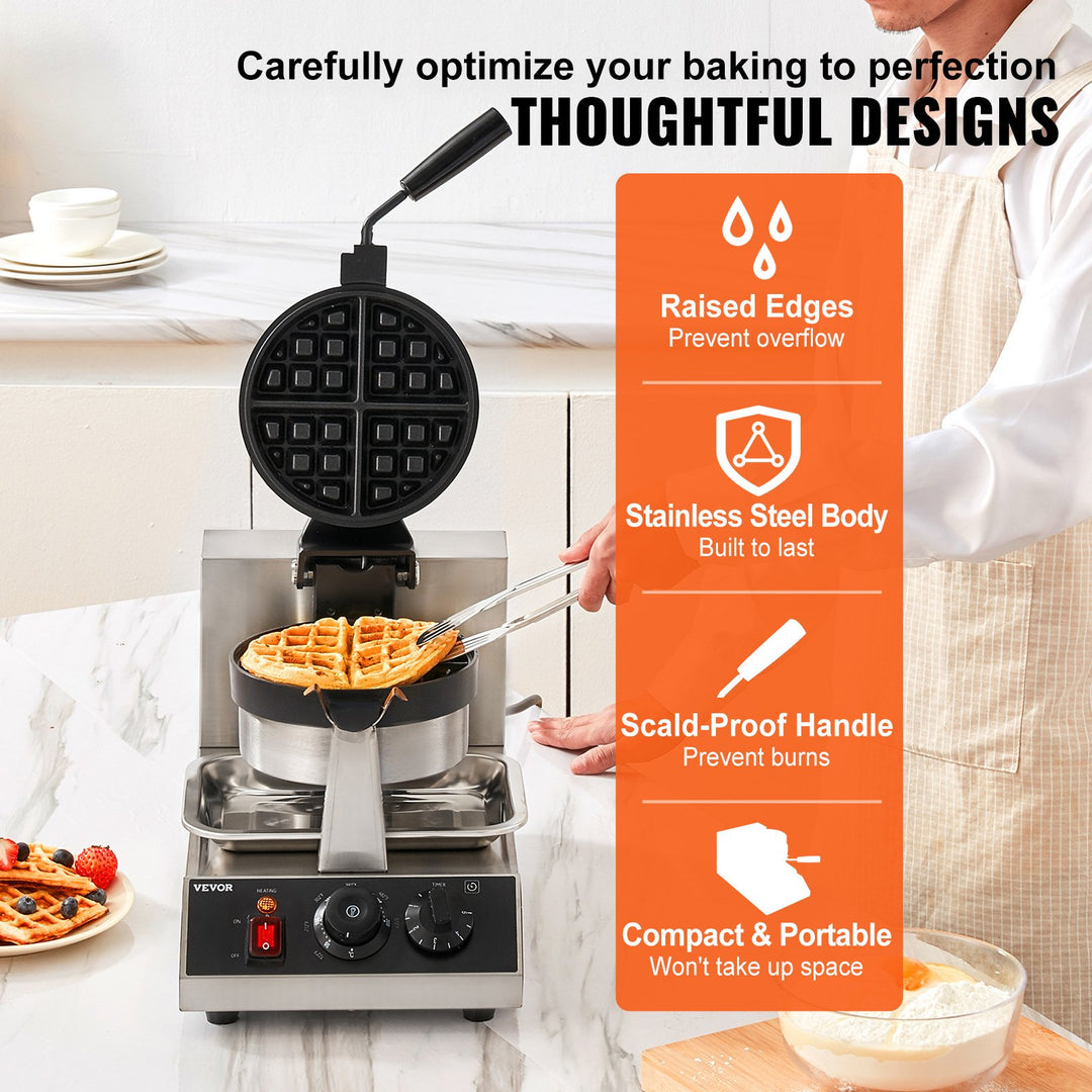Commerical Round Waffle Maker 1300W Rotatable Non-Stick Waffle Iron 120V
