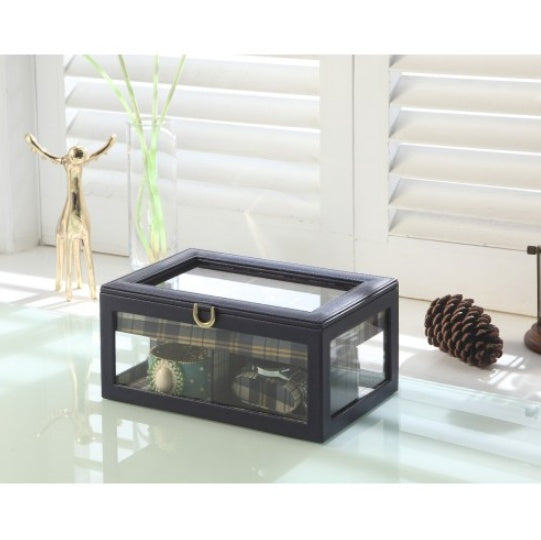 9.8 Long Tempered Glass And Leather Jewelry Case   Watch Display, Blue