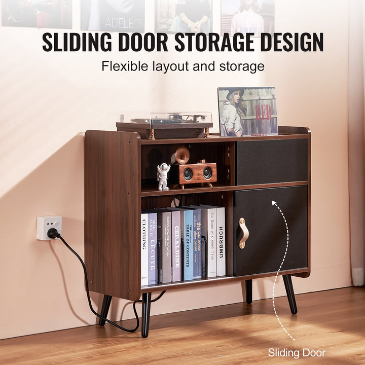 Record Player Stand With Power Outlet, Turntable Stand Holds Up To 350 Albums, Record Player Table With Vintage Vinyl Record Storage For Living Room, Bedroom, Brown