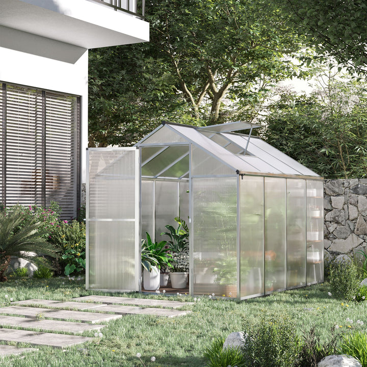8' L x 6' W Walk-In Polycarbonate Greenhouse with Roof Vent for Ventilation & Rain Gutter for Winter
