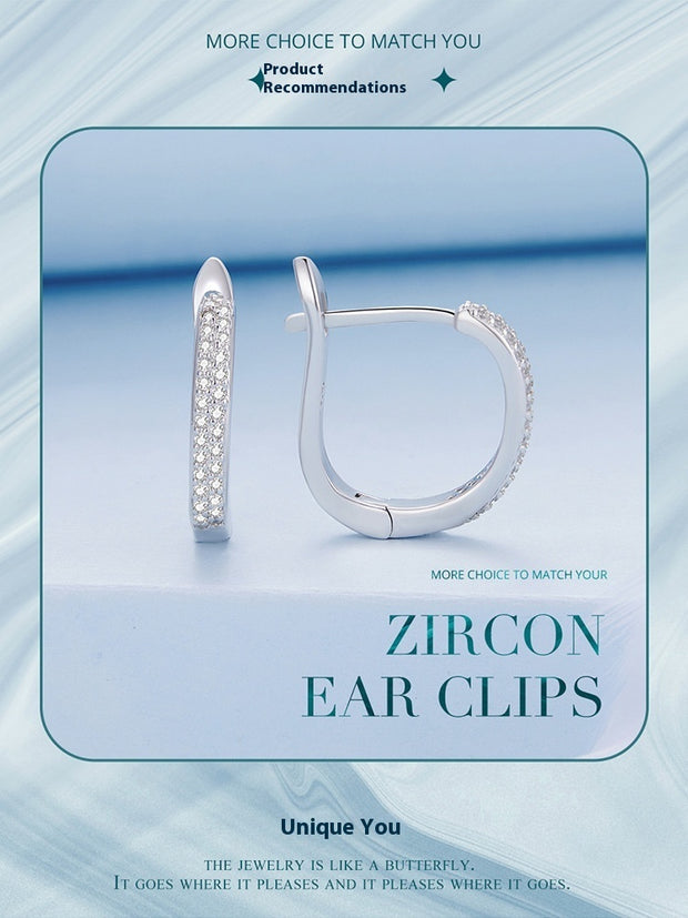 Sterling Silver S925 Simple Zircon Ear Clip White Gold Plated Smooth